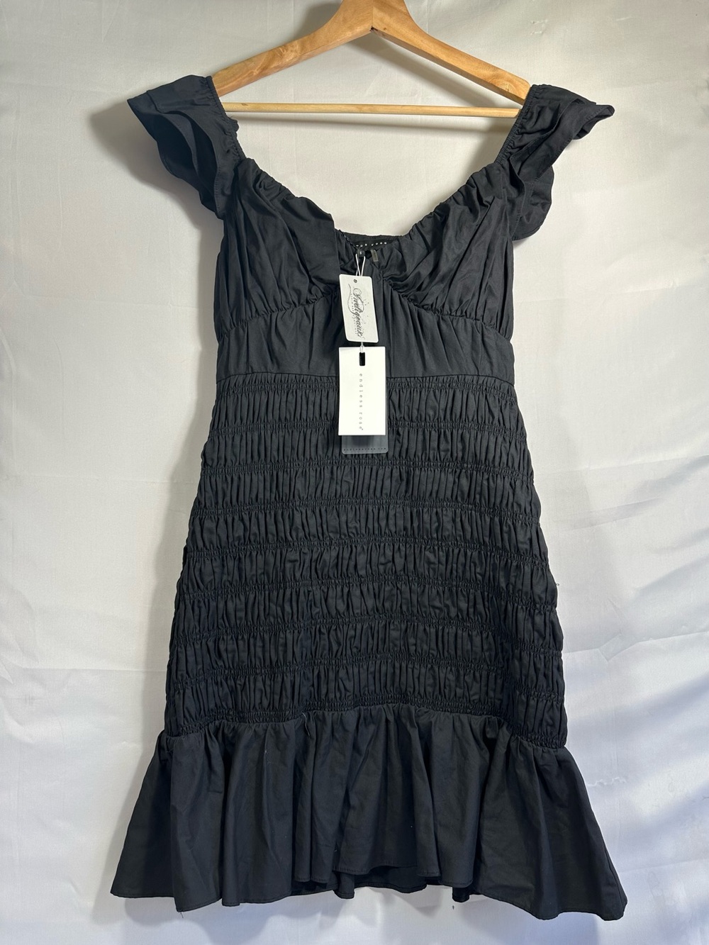 Black Smocked Ruffle Hem Women's Mini Dress, NWT